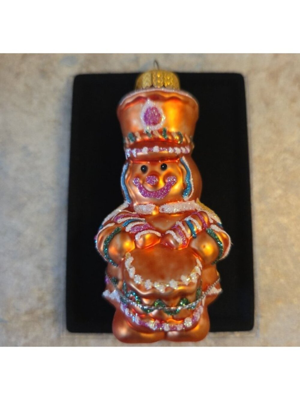 Glass Gingerbread Man Drummer Christmas Ornament In Case 3 Inches Tall